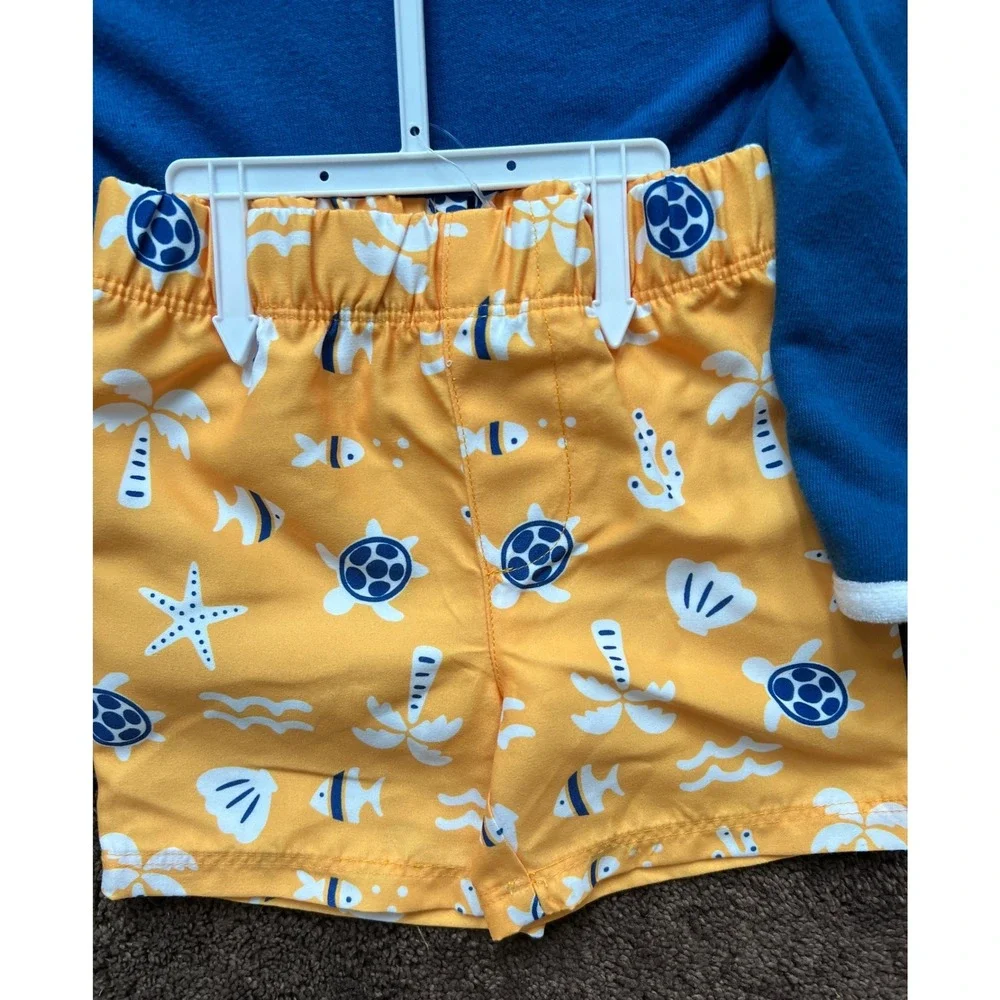 Huggies Baby Boy 9M Swim Set Hooded Cover-Up Trunks Blue Yellow UPF 50+ 2PC